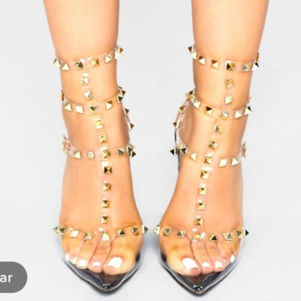 Stylish Gold Studded Clear Heels